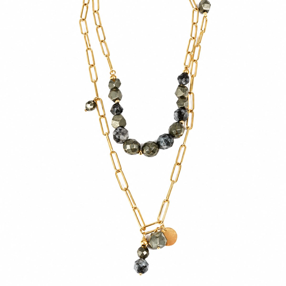 Two Town Pyrite Lariat Long Necklace -French Flair Collection- N2-993