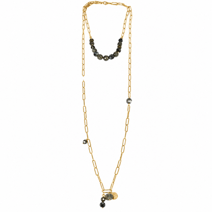 Two Town Pyrite Lariat Long Necklace -French Flair Collection- N2-993