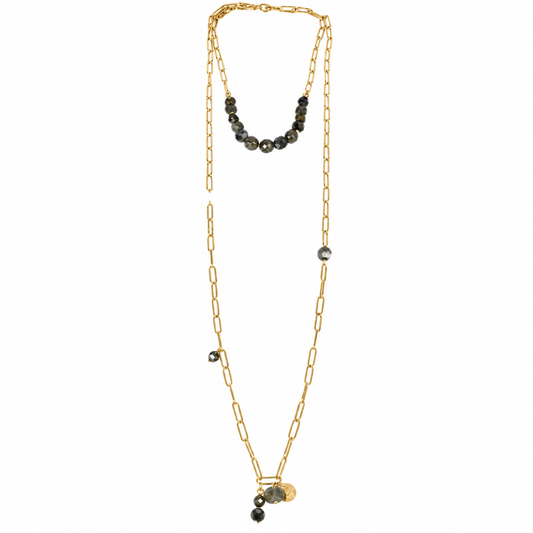 Two Town Pyrite Lariat Long Necklace -French Flair Collection- N2-993