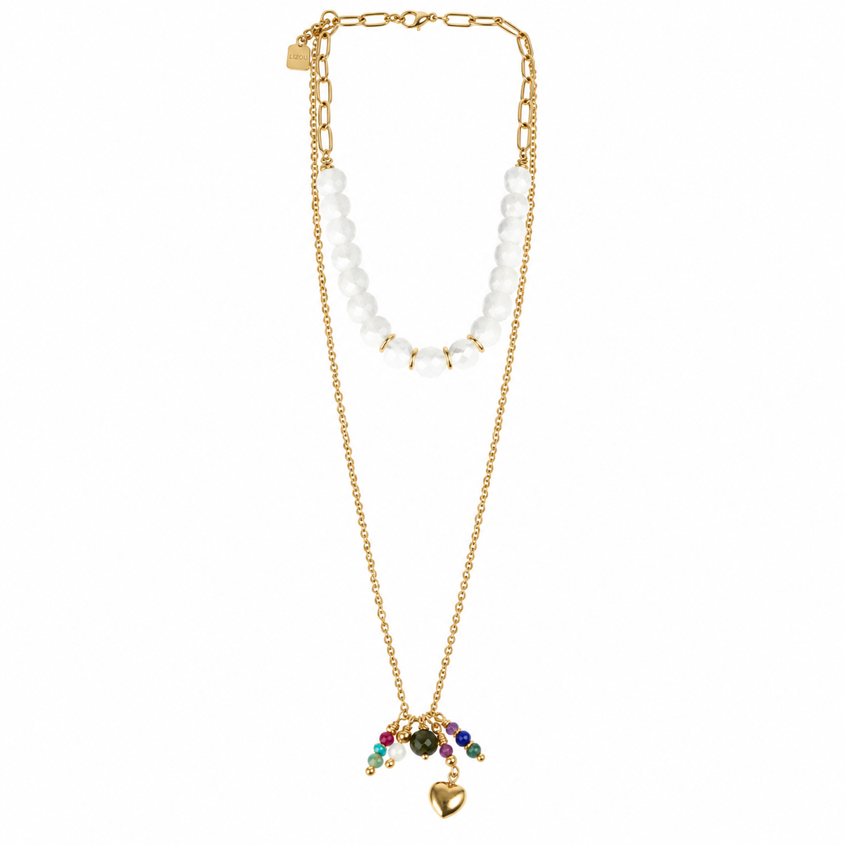 Two Town Freshwater Pearl and Rainbow Stone Cluster Necklace -French Flair Collection- N2-992