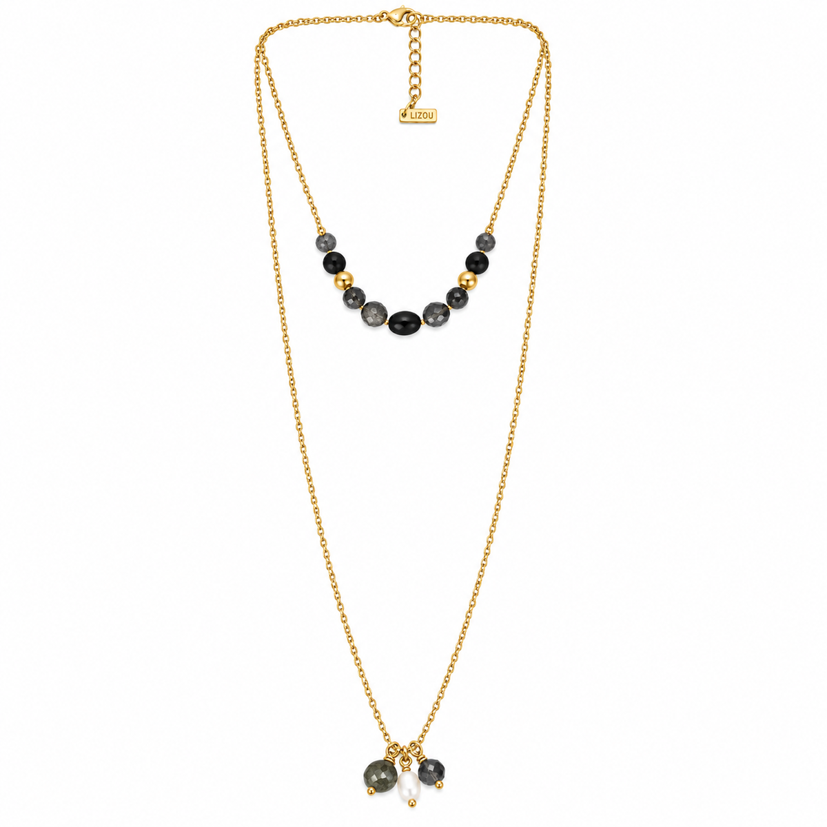 Two Row 24K Gold Plate and Semi Precious Stone Lariat Style Necklace -French Flair Collection- N2-991