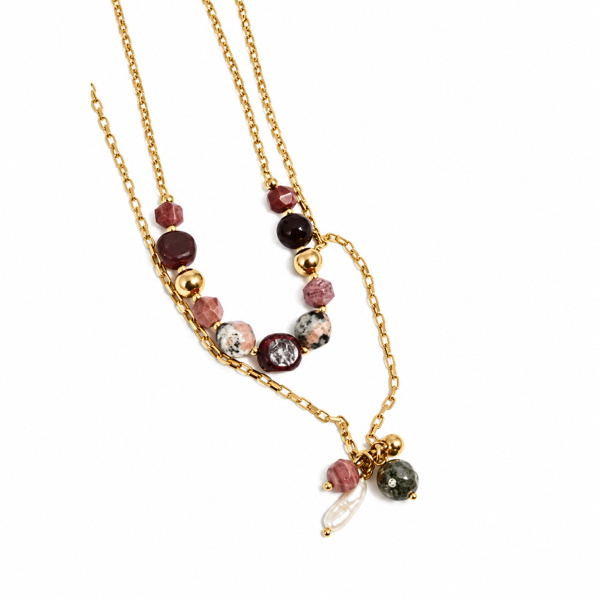 Two Row Rhodonite and 24K Gold Plate Long Necklace -French Flair Collection- N2-988
