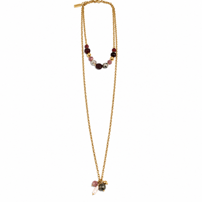 Two Row Rhodonite and 24K Gold Plate Long Necklace -French Flair Collection- N2-988
