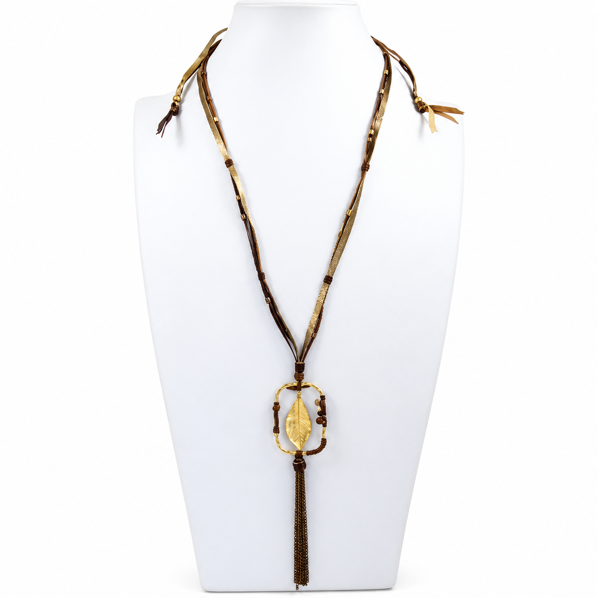 Long Leather Necklace with Tassel and Gold Charm -The Classics Collection- N2-953