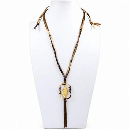 Long Leather Necklace with Tassel and Gold Charm -The Classics Collection- N2-953