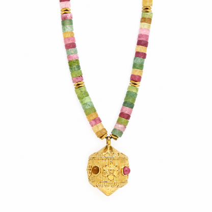 Long Necklace with Rondelle Tourmaline Beads and Floral Bead- N2-2798A