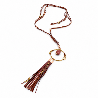 Long Smokey Pink Leather Necklace with Drop and Tassel -The Classics Collection- N2-952