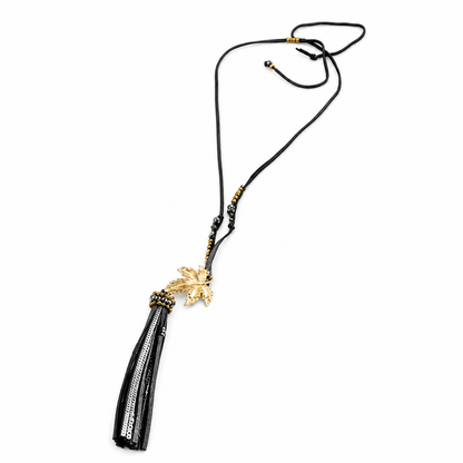 Gold Leaf Long Leather Necklace -The Classics Collection- N2-950