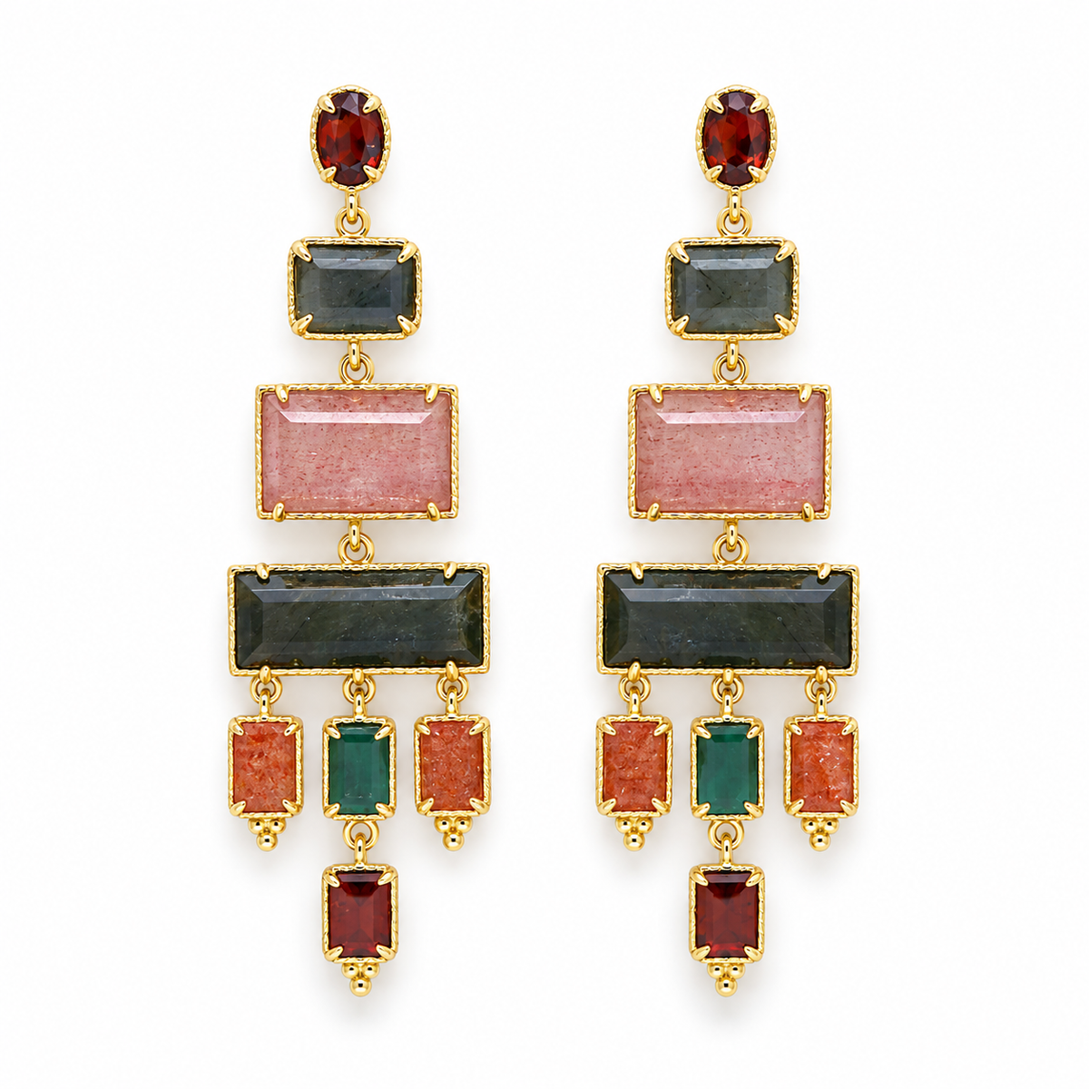 Rectangular Mixed Stone Chandelier Earrings Strawberry Quartz Mix - E4-504B