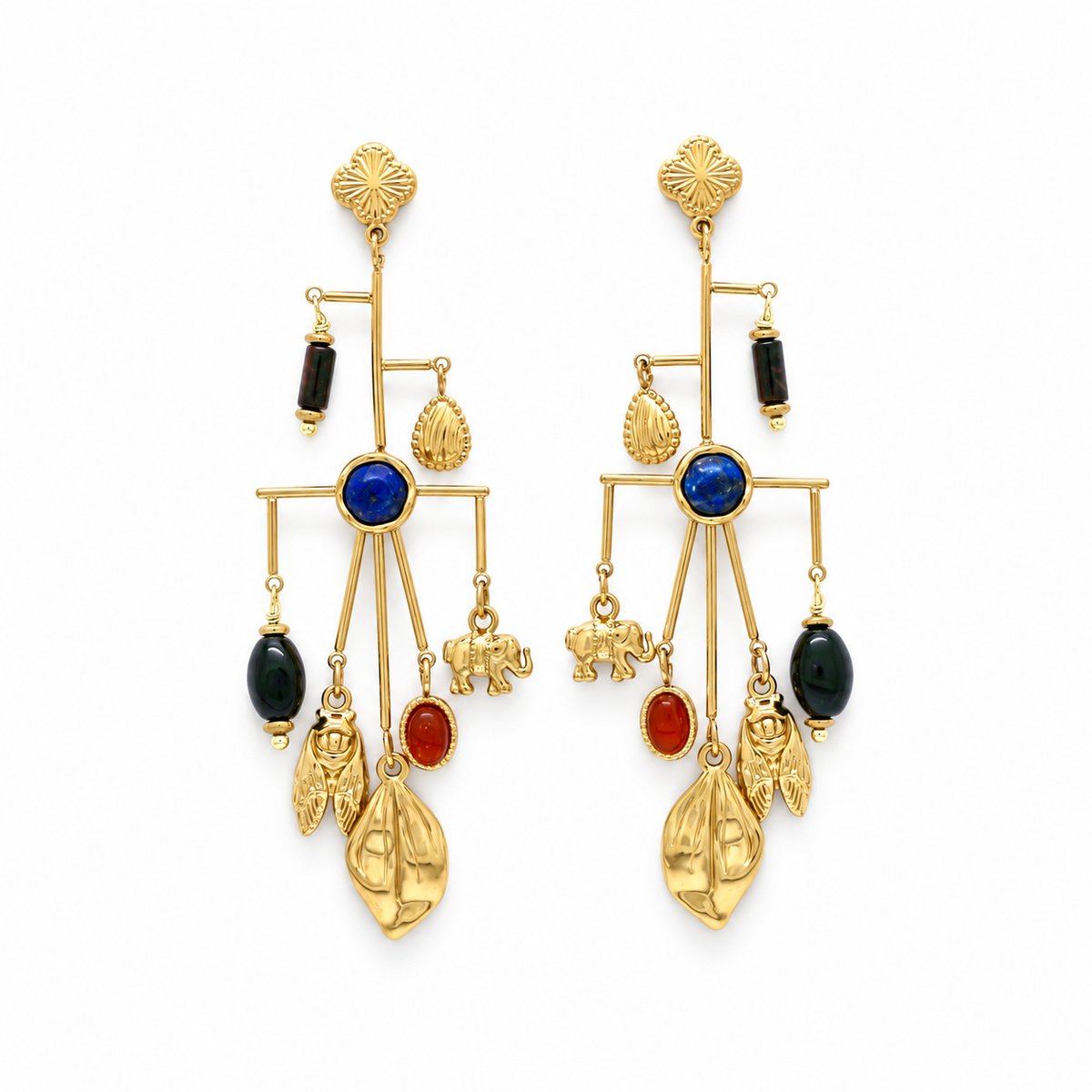 Leaf and Cicada Insect Mobile Dangle Earrings  - E4-485