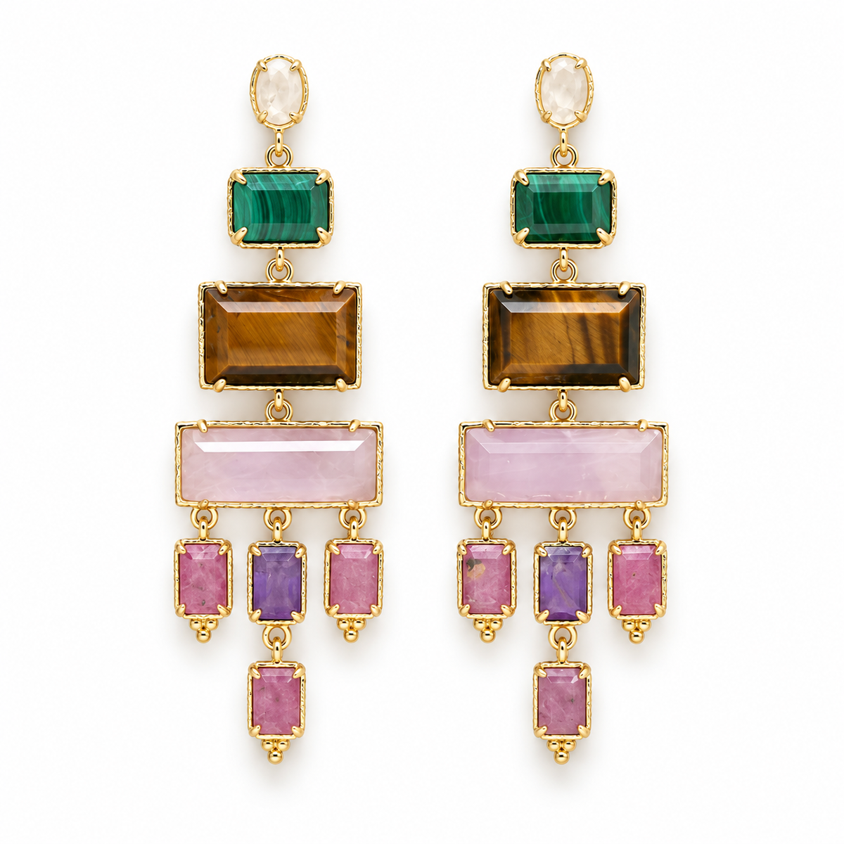 Rectangular Mixed Stone Chandelier Earrings Tiger's Eye Mix - E4-504A
