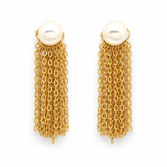 Freshwater Pearl And Gold Chain Dangle Earrings E4-197 -French Flair Collection-
