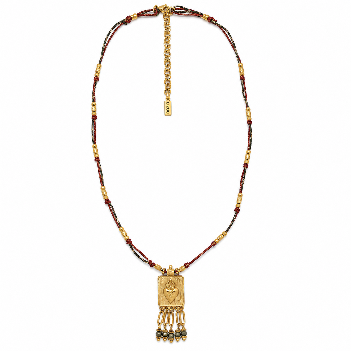 Sacred Heart Gold and Deep Red Short Necklace with Pyrite Touch - N2-2804A