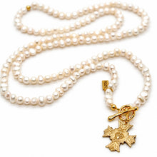 Load image into Gallery viewer, Mini Freshwater Pearl Cross French Religious Medal Long Necklace - FMN07
