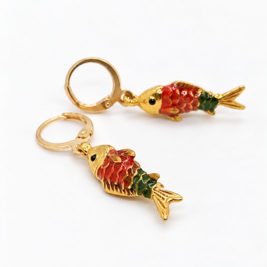 Small Colorful Gold Fish Dangle Earrings  - E4-479S