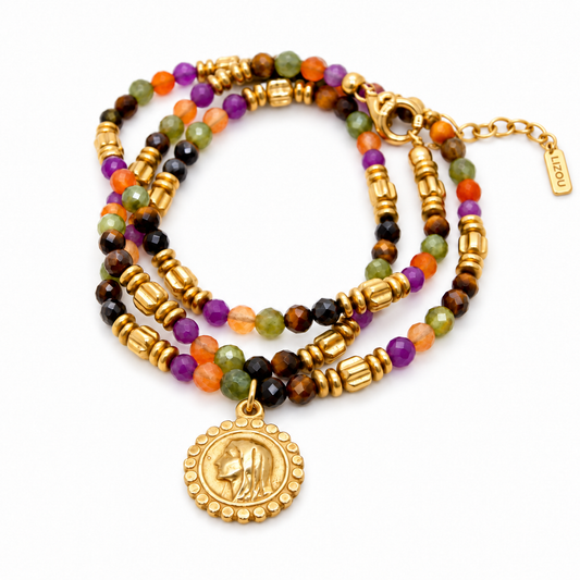Orange Pink Semi Precious Stone Necklace Religious French Medal - FMN01C