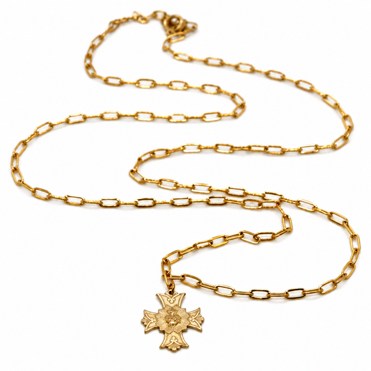 Long Gold Chain Cross French Religious Medal Necklace  - FMN20