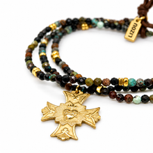 Load image into Gallery viewer, Stretch 3 Strand Mini Faceted African Turquoise Bracelet French Religious Medal- FMB16
