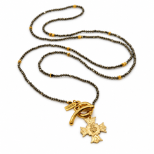 Load image into Gallery viewer, Faceted Mini Pyrite Long Delicate French Religious Medal Necklace- FMN32
