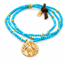 Load image into Gallery viewer, Stretch 3 Strand Mini Faceted Turquoise Bracelet French Religious Medal- FMB14
