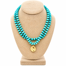 Load image into Gallery viewer, Turquoise Rondelle Bead Hand-knotted French Religious Medal Long Necklace - FMN17
