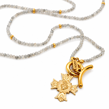 Load image into Gallery viewer, Faceted Mini Labradorite Long Delicate French Religious Medal Necklace - FMN13
