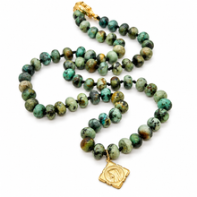 Load image into Gallery viewer, African Turquoise Rondelle Bead Hand-knotted French Religious Medal Short Necklace - FMN25
