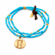 Load image into Gallery viewer, Stretch 3 Strand Mini Faceted Turquoise Bracelet French Religious Medal- FMB14
