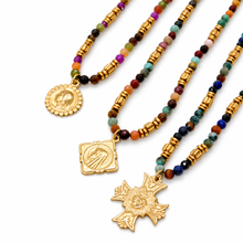 Load image into Gallery viewer, Orange Pink Semi Precious Stone Necklace Religious French Medal - FMN01C
