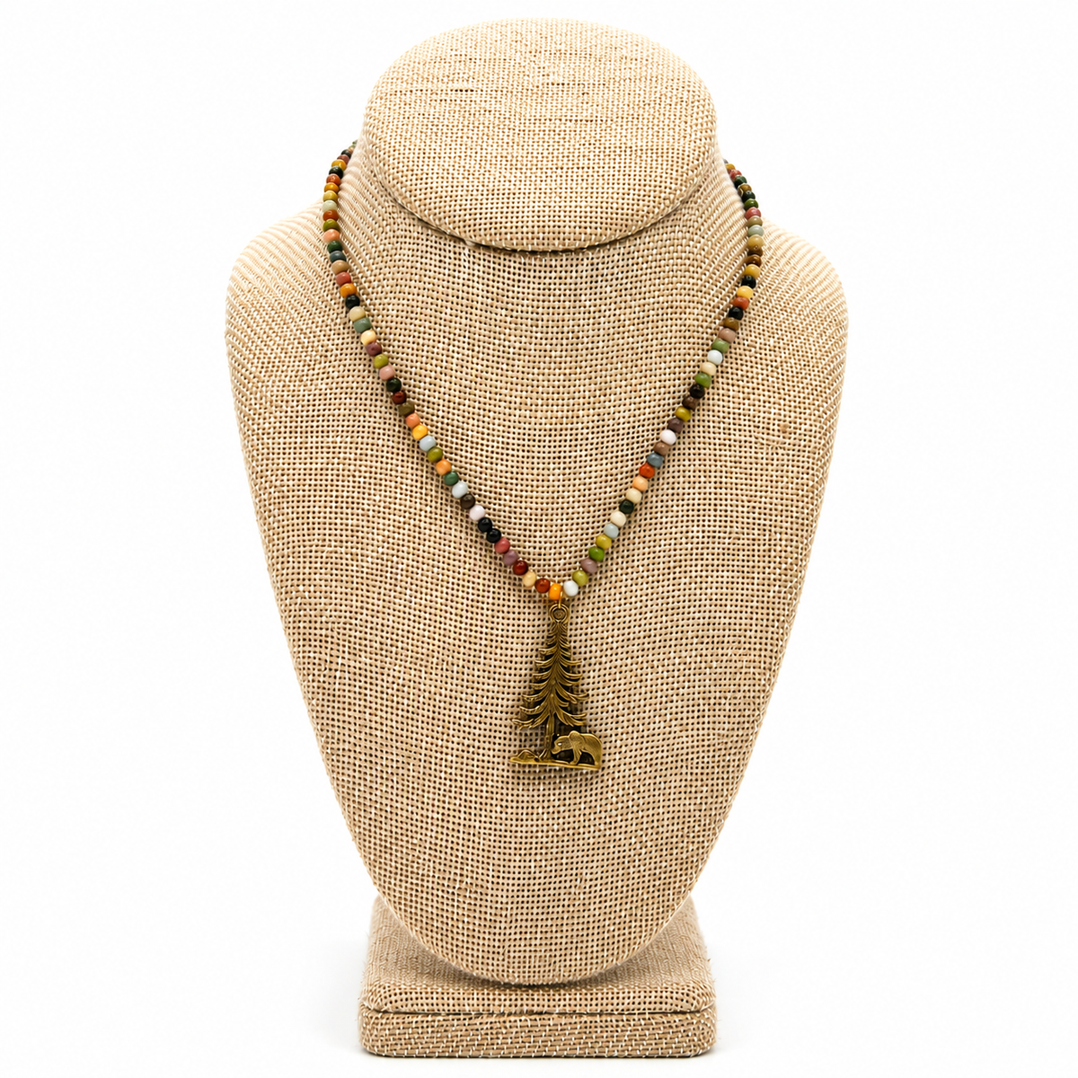Antique Brass Bear and Tree Necklace