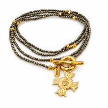 Load image into Gallery viewer, Faceted Mini Pyrite Long Delicate French Religious Medal Necklace- FMN32
