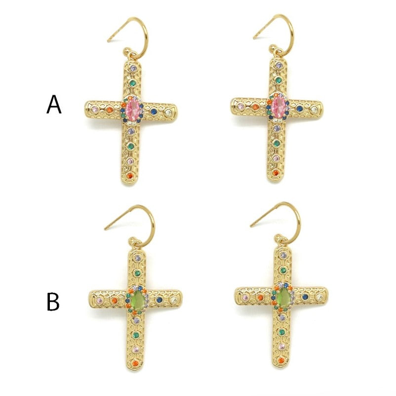 Colorful Rhinestone Hoop Cross Earrings - E4-401