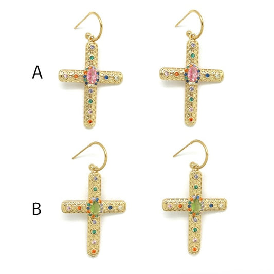 Colorful Rhinestone Hoop Cross Earrings - E4-401