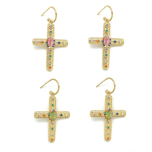 Colorful Rhinestone Hoop Cross Earrings - E4-401