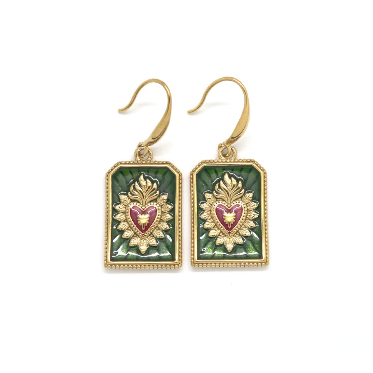Enamel Heart Flame Earrings in Forest - E4-430
