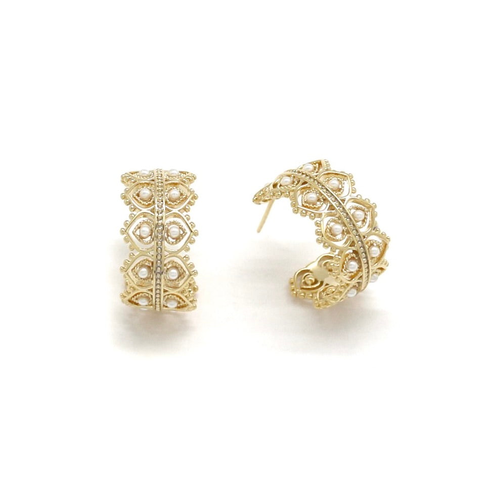 Gold Lace Mini Pearl Huggie Earrings  - E4-463