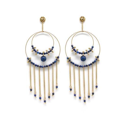 Unique Double Hoop Lapis Stone Metal Fringe Dangle Earrings -French Flair Collection- E4-158