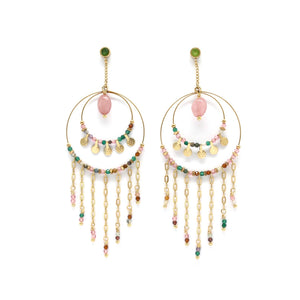 Unique Double Hoop Semi Precious Stone Pink Dangle Earrings -French Flair Collection- E4-159