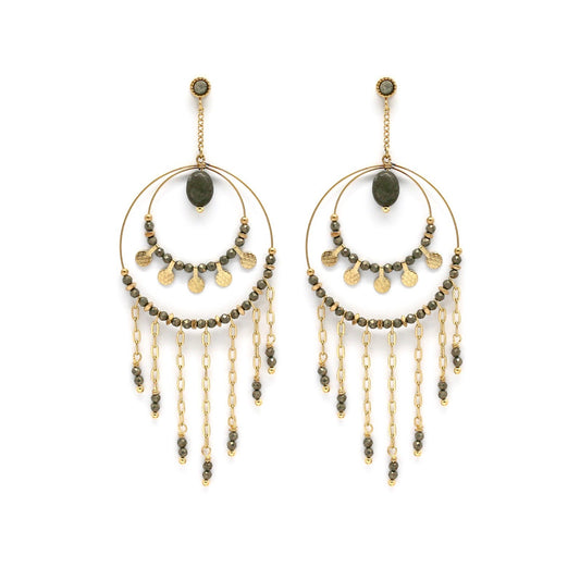 Unique Double Hoop Pyrite Stone Dangle Earrings -French Flair Collection- E4-160