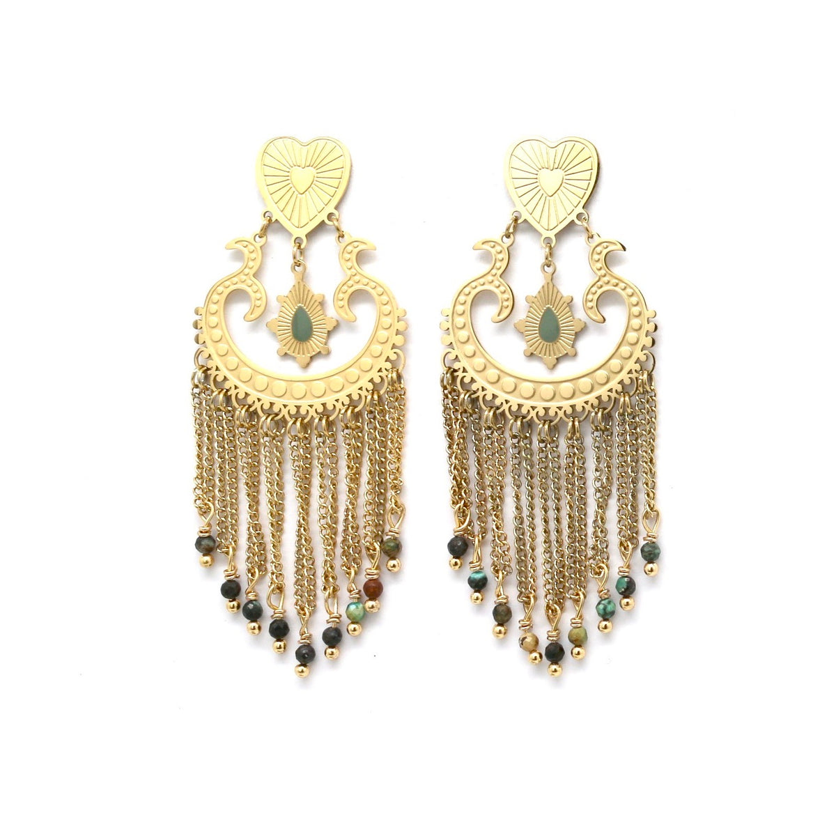 Heart and African Turquoise Metal Fringe Earrings 24K Gold Plate -French Flair Collection- E4-162