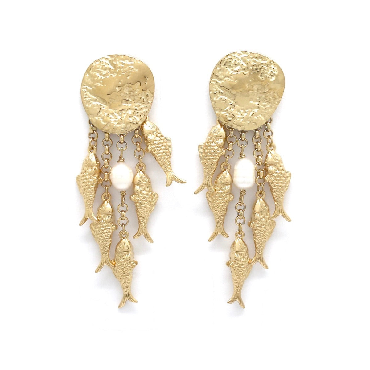 Five Gold Fish Hammered Earrings - E4-427
