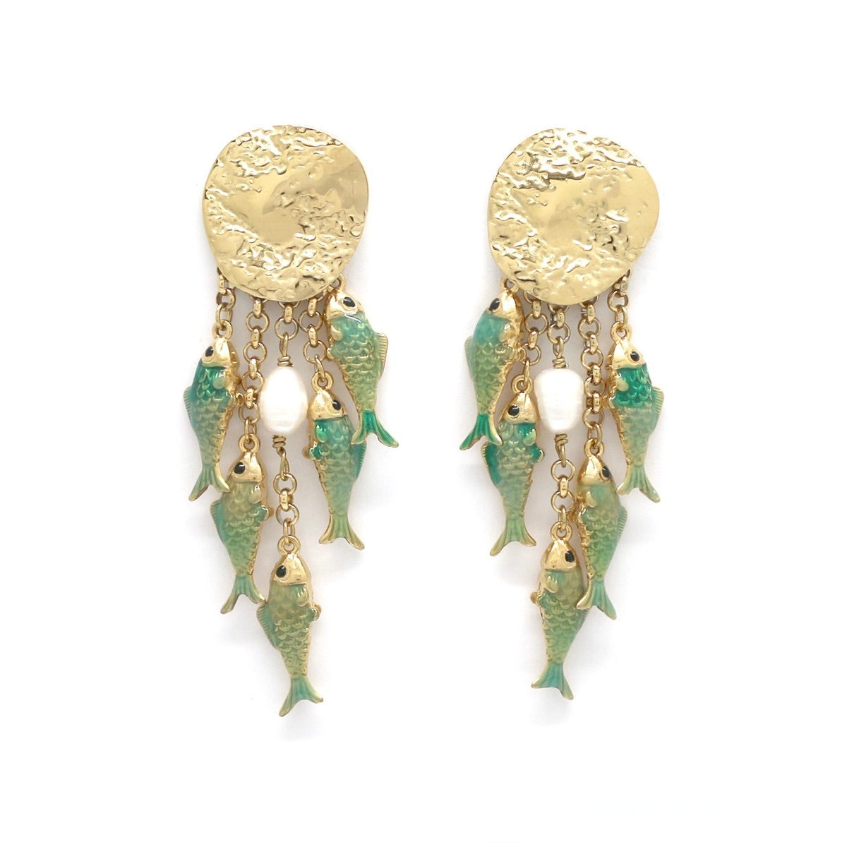 Five Turquoise Fish Hammered Earrings - E4-428