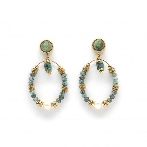 African Turquoise Stone and Pearl Beaded Hoops E4-177 -French Flair Collection-