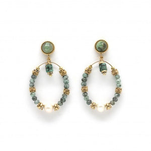 African Turquoise Stone and Pearl Beaded Hoops E4-177 -French Flair Collection-