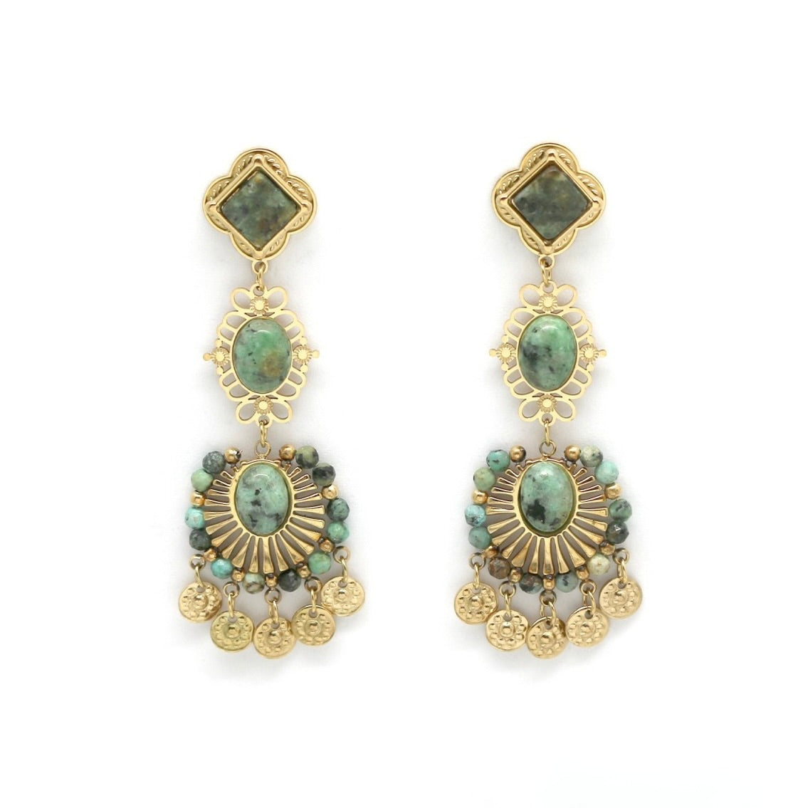 African Turquoise Three Tier Dangle Earrings - E4-421