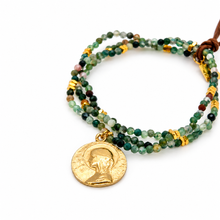 Load image into Gallery viewer, Stretch 3 Strand Mini Faceted Indian Agate Bracelet French Religious Medal- FMB19
