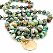 Load image into Gallery viewer, African Turquoise Rondelle Bead Hand-knotted French Religious Medal Long Necklace - FMN26

