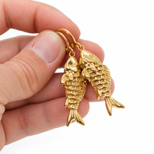 Load image into Gallery viewer, Large Gold Fish Dangle Earrings  - E4-478L
