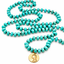 Load image into Gallery viewer, Turquoise Rondelle Bead Hand-knotted French Religious Medal Long Necklace - FMN17
