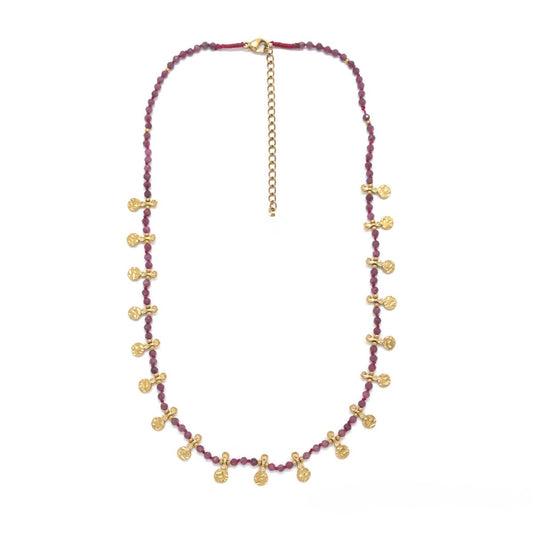 Mini Gold Hammered Charm Ruby Short Necklace - N2-2722R